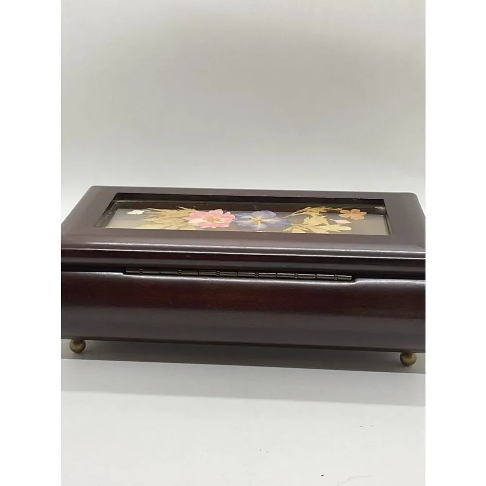 Vintage Bombay Company Floral Inlay Wooden Music Box - Plays Love story